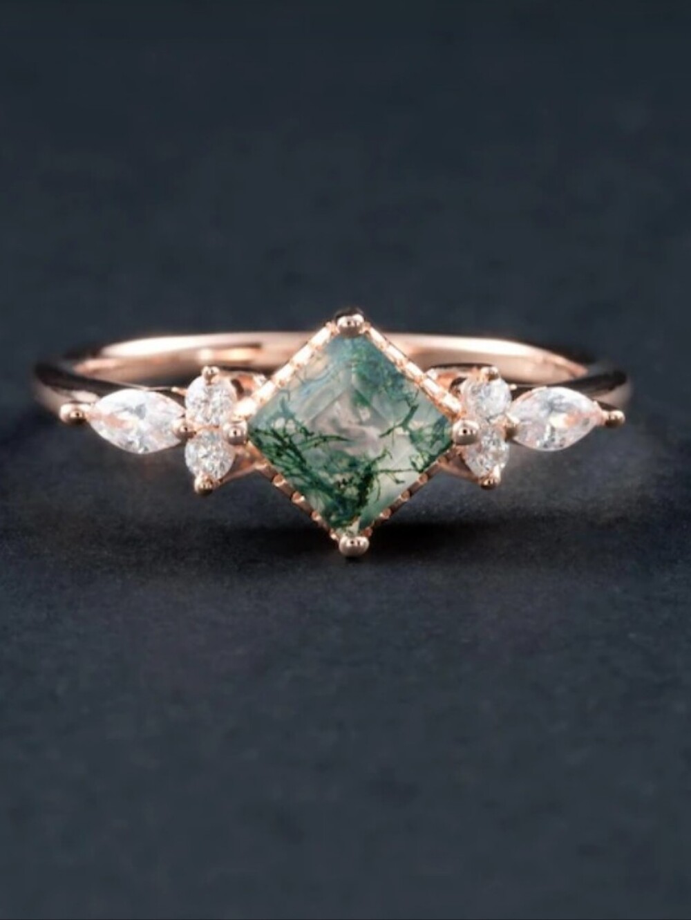 Princess Cut Moss Agate Rose Gold Ring Size 8.5